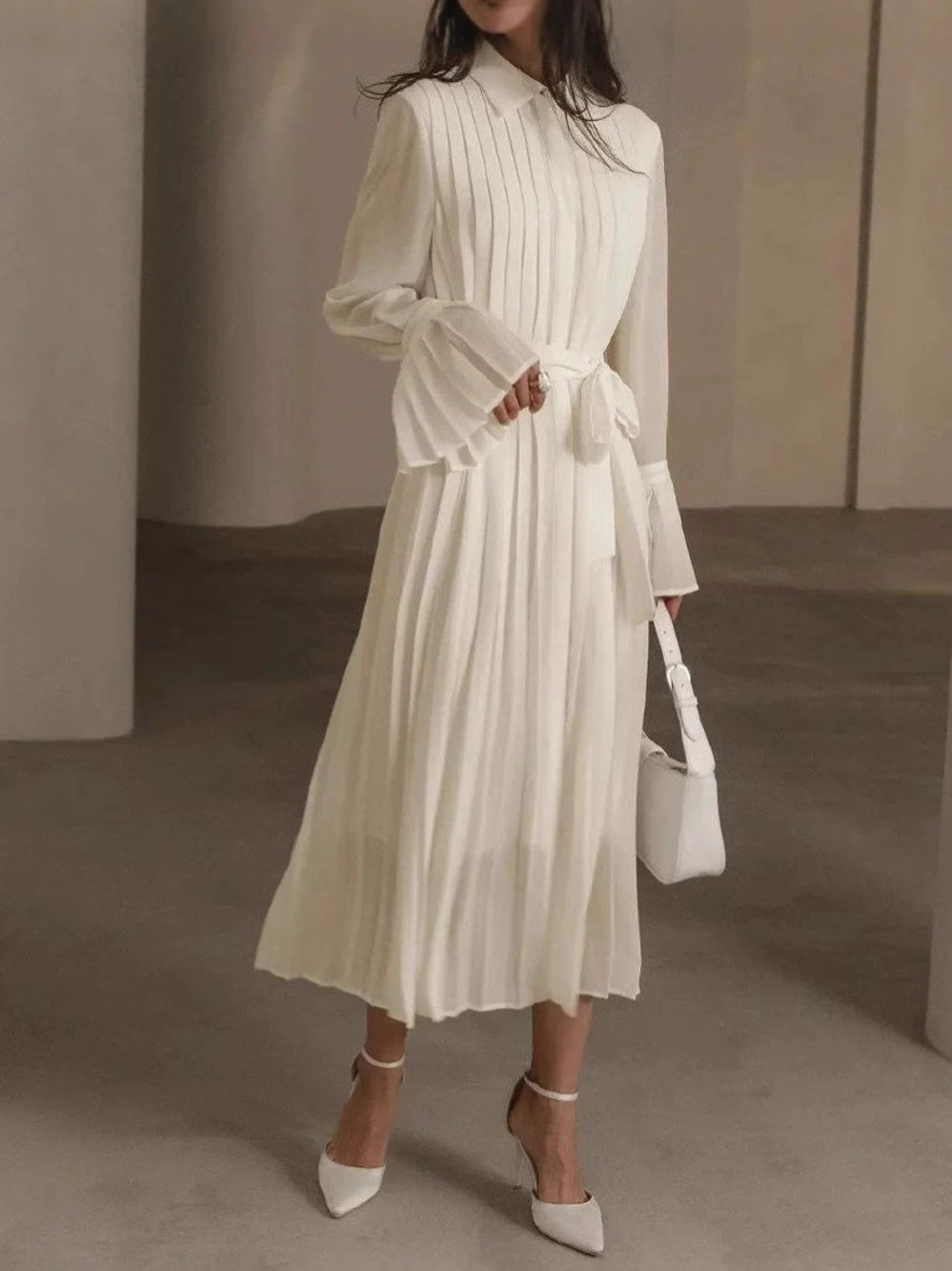 Zara Spring Flared Sleeve Pleated Tie Waist Maxi Dress